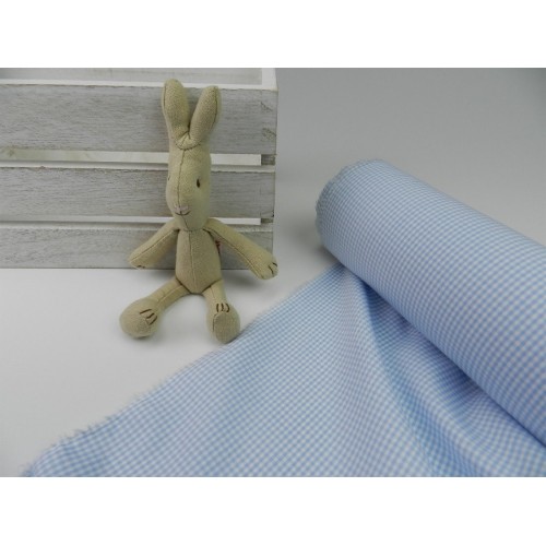 Cotone Vichy Celeste a quadretti piccoli bianchi