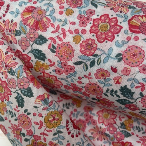 Voile Bio, Base Bianca con Fiori Rosa e Fucsia...