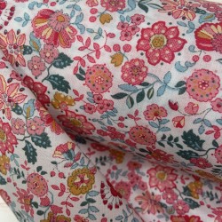 Voile Bio, Base Bianca con Fiori Rosa e Fucsia e Foglie Celesti