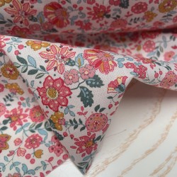 Voile Bio, Base Bianca con Fiori Rosa e Fucsia e Foglie Celesti