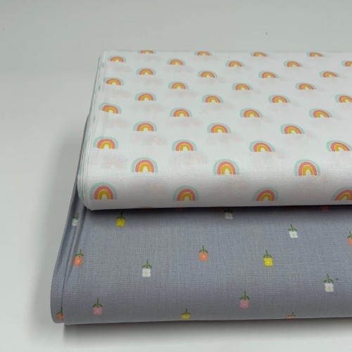 Cotone Popeline, Grigio, Fiori