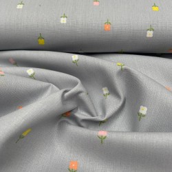 Cotone Popeline, Grigio, Fiori