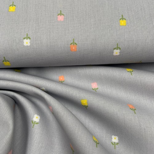 Cotone Popeline, Grigio, Fiori