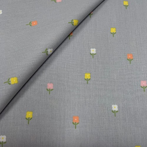 Cotone Popeline, Grigio, Fiori