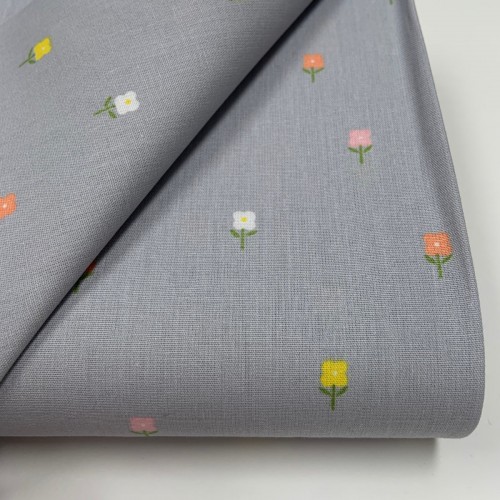 Cotone Popeline, Grigio, Fiori
