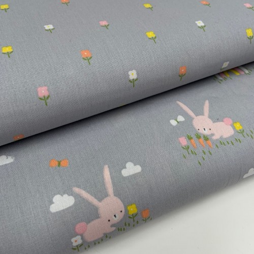 Cotone Popeline, Grigio, Fiori