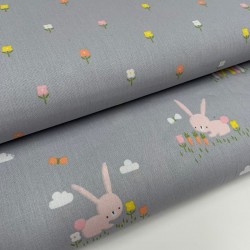 Cotone Popeline, Grigio, Fiori
