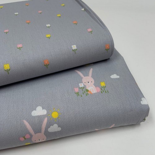 Cotone Popeline, Grigio, Coniglietti