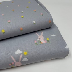 Cotone Popeline, Grigio, Coniglietti
