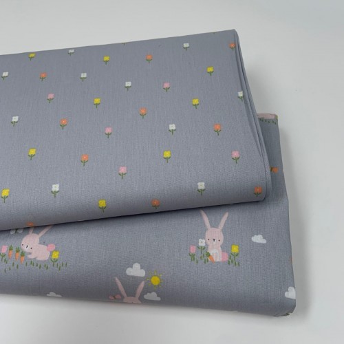 Cotone Popeline, Grigio, Coniglietti