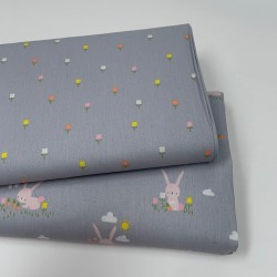 Cotone Popeline, Grigio, Coniglietti