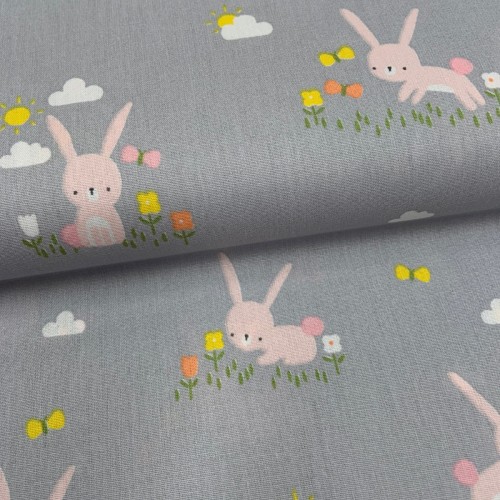 Cotone Popeline, Grigio, Coniglietti