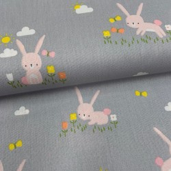 Cotone Popeline, Grigio, Coniglietti