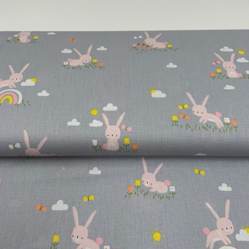 Cotone Popeline, Grigio, Coniglietti