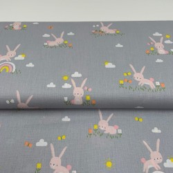 Cotone Popeline, Grigio, Coniglietti
