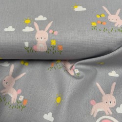 Cotone Popeline, Grigio, Coniglietti