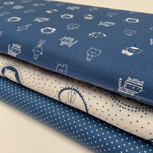 Cotone Popeline, Bianco-Blu, Animaletti