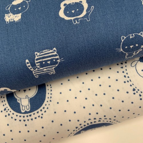 Cotone Popeline, Bianco-Blu, Animaletti