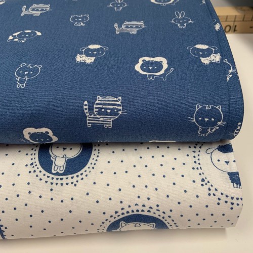 Cotone Popeline, Bianco-Blu, Animaletti