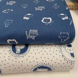 Cotone Popeline, Bianco-Blu, Animaletti