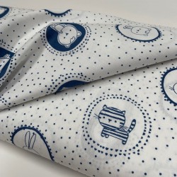 Cotone Popeline, Bianco-Blu, Animaletti