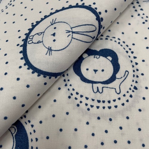 Cotone Popeline, Bianco-Blu, Animaletti