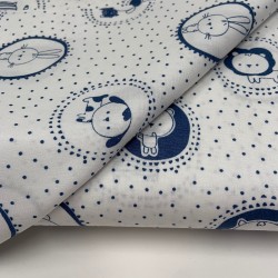 Cotone Popeline, Bianco-Blu, Animaletti