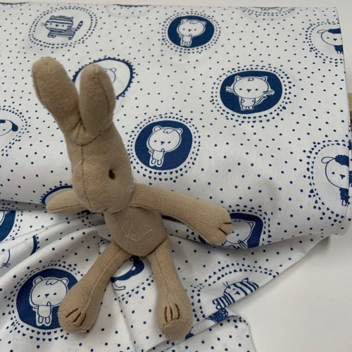 Cotone Popeline, Bianco-Blu, Animaletti