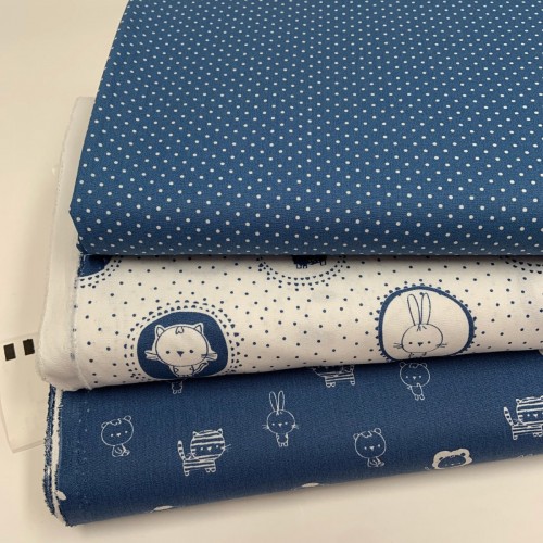 Cotone Popeline, Bianco-Blu, Animaletti