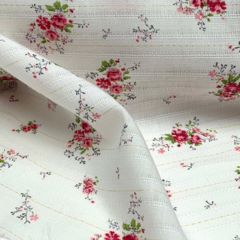 Cotone Biologico con Glitter, Bianco con fiori rossi e...