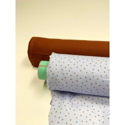 Flanella di cotone Bio, Celeste, Fiori Gialli e Pois Rossi