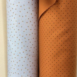 Flanella di cotone Bio, Celeste, Fiori Gialli e Pois Rossi