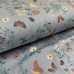 Jersey di Cotone, Fiori e Farfalle, Celeste Polvere