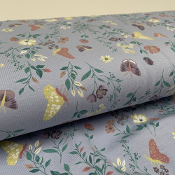 Jersey di Cotone, Fiori e Farfalle, Celeste Polvere