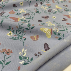 Jersey di Cotone, Fiori e Farfalle, Celeste Polvere
