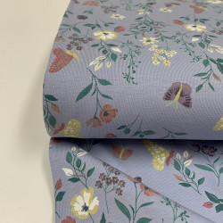 Jersey di Cotone, Fiori e Farfalle, Celeste Polvere