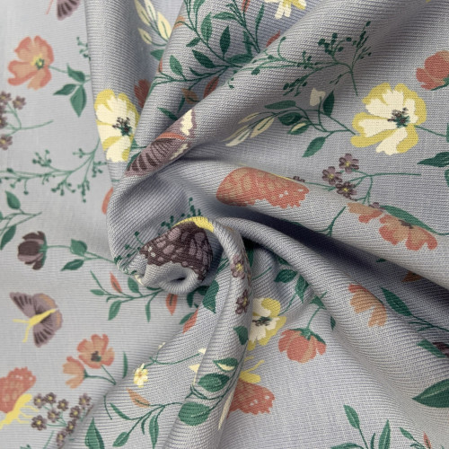 Jersey di Cotone, Fiori e Farfalle, Celeste...
