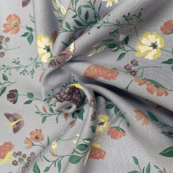 Jersey di Cotone, Fiori e Farfalle, Celeste Polvere