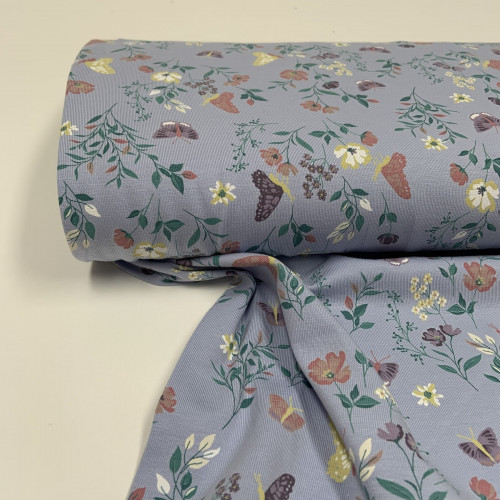 Jersey di Cotone, Fiori e Farfalle, Celeste...