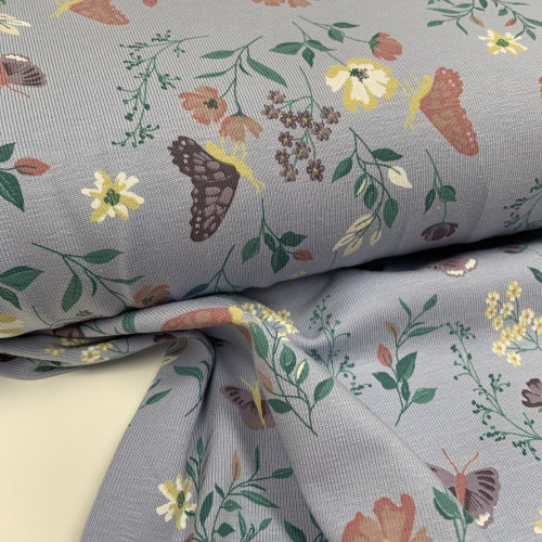 Jersey di Cotone, Fiori e Farfalle, Celeste...