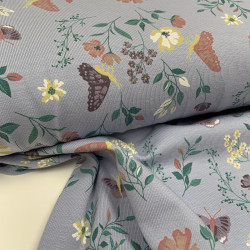 Jersey di Cotone, Fiori e Farfalle, Celeste Polvere