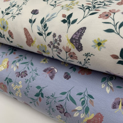 Jersey di Cotone, Fiori e Farfalle, Celeste Polvere