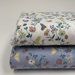 Jersey di Cotone, Fiori e Farfalle, Celeste Polvere