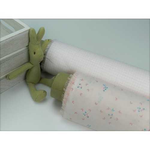 Voile Stampato, Bianco con quadretto rosa