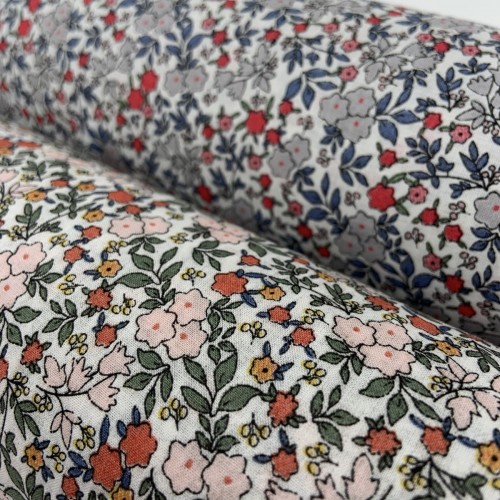 Voile di cotone Bio, Bianco con Fiori grigi ,...