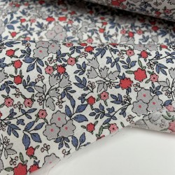 Voile di cotone Bio, Bianco con Fiori grigi , blu e rossi
