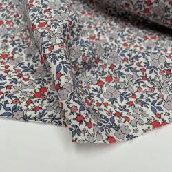 Voile di cotone Bio, Bianco con Fiori grigi , blu e rossi