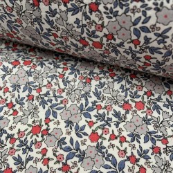 Voile di cotone Bio, Bianco con Fiori grigi , blu e rossi