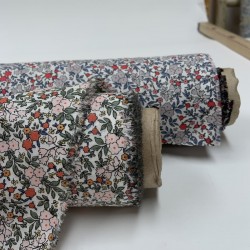 Voile di cotone Bio, Bianco con Fiori rosa, verdi e rossi
