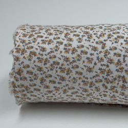 Flanella di cotone Bio, Bianco, Fiori Turchesi e Senape